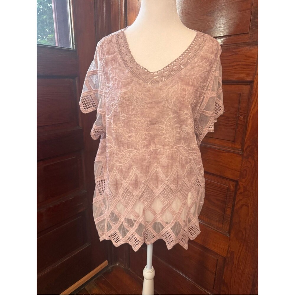 Sacred Threads Dusty Blush Lace V-Neck Crochet Tunic